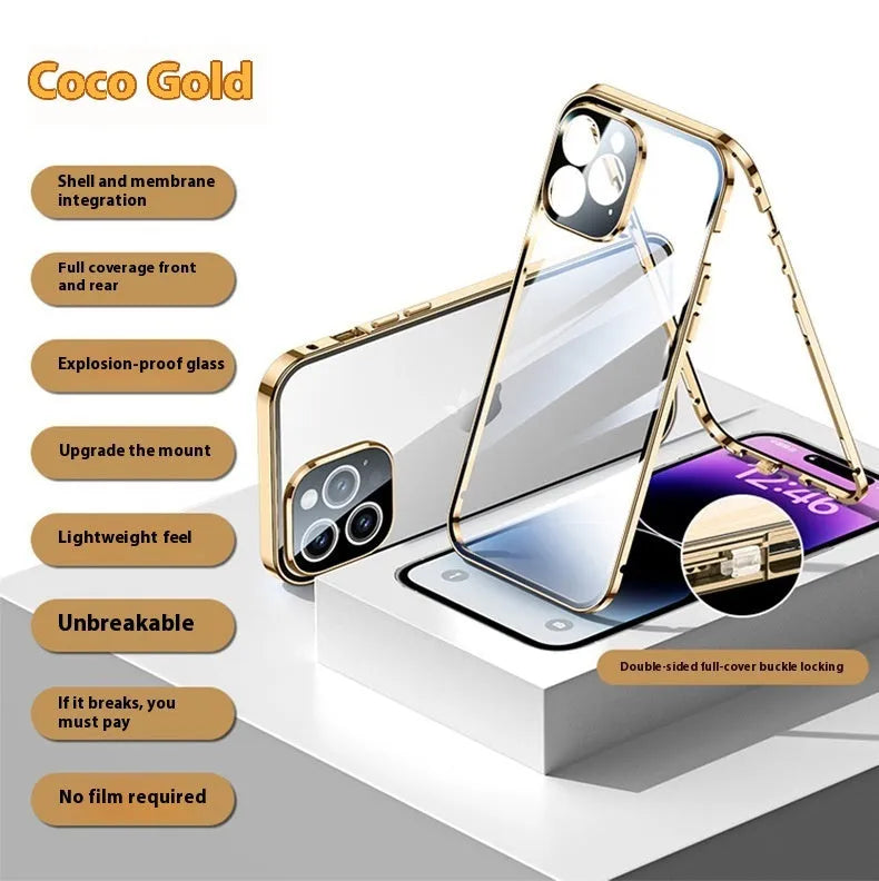 Double-sided glass ultra-thin magnetic phone case for iPhone 16 in electroplated silver finish