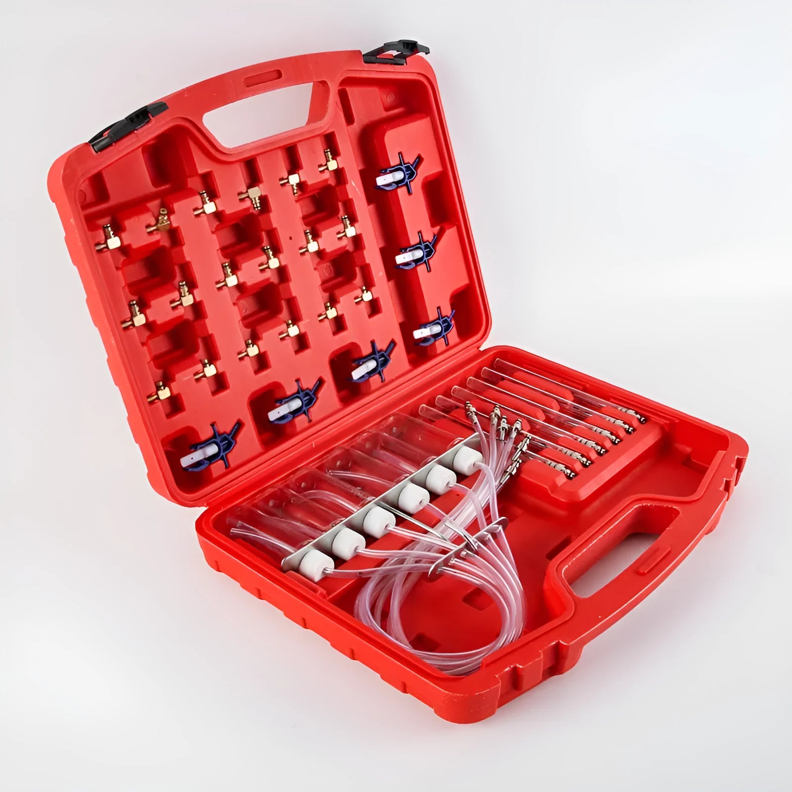 Brass and plastic fuel injection flow meter detection tool with oil return measuring instrument