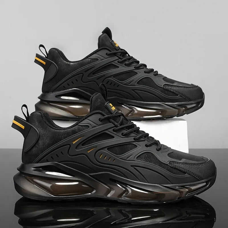 Men's black and grey canvas sports sneakers with shock absorbing soles in multiple sizes