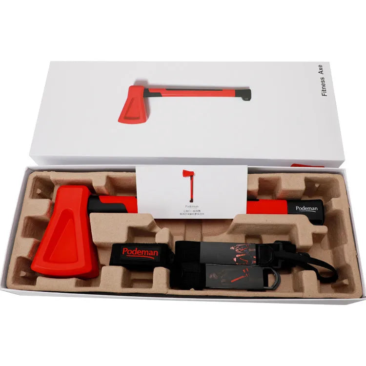 A bright red plastic fitness axe muscle trainer on a plain background.