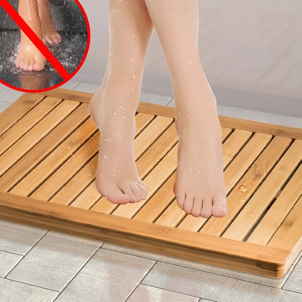 Bamboo bathroom height increasing non-slip foot pad in solid colour, 54x36x4cm rectangular shape.