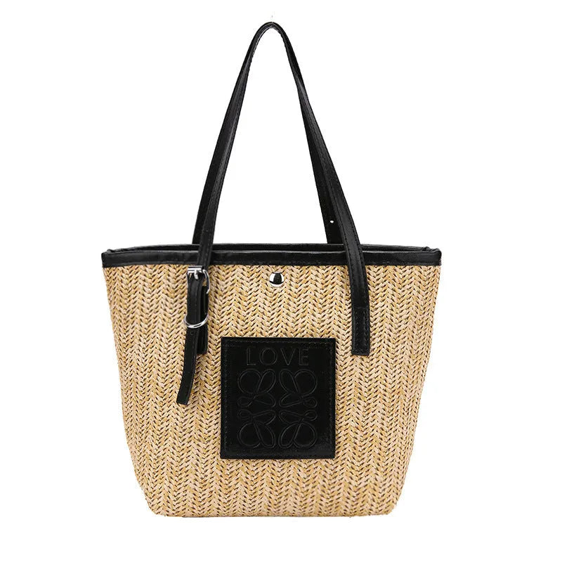 Women's woven straw shoulder bag with large capacity showing European retro styling and three-dimensional pocket