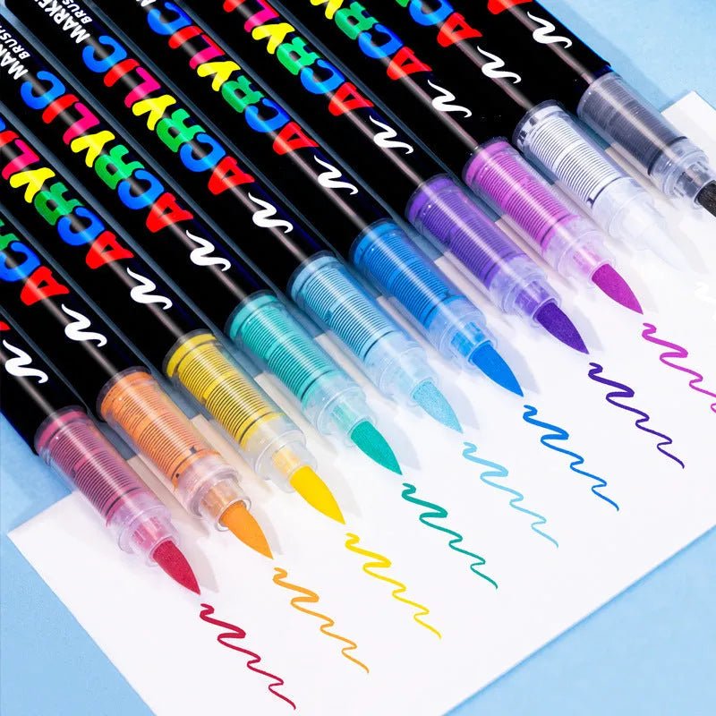 Set of straight liquid acrylic marker pens with soft heads for painting and graffiti art.