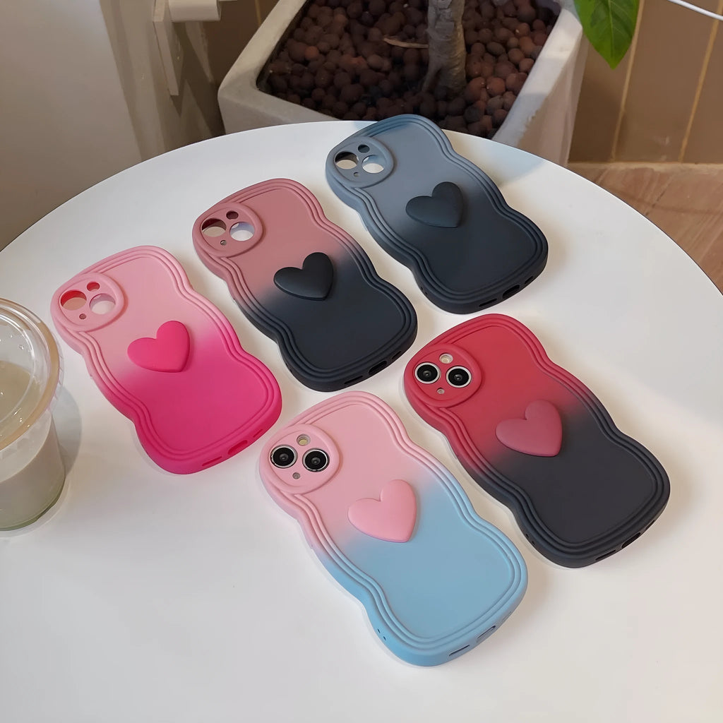Three-dimensional love gradient wavy edge liquid silicone phone case in red and black, anti-fingerprint, for iPhone 11-14 Pro Max