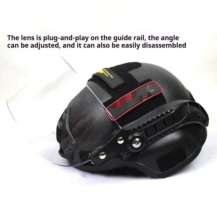 Transparent polycarbonate anti-riot tactical helmet with attached face mask in Army Green colour