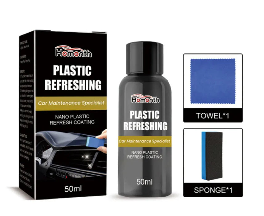 Nano plastic refresh coating kit with bottle, sponge, and microfibre towel for surface restoration.