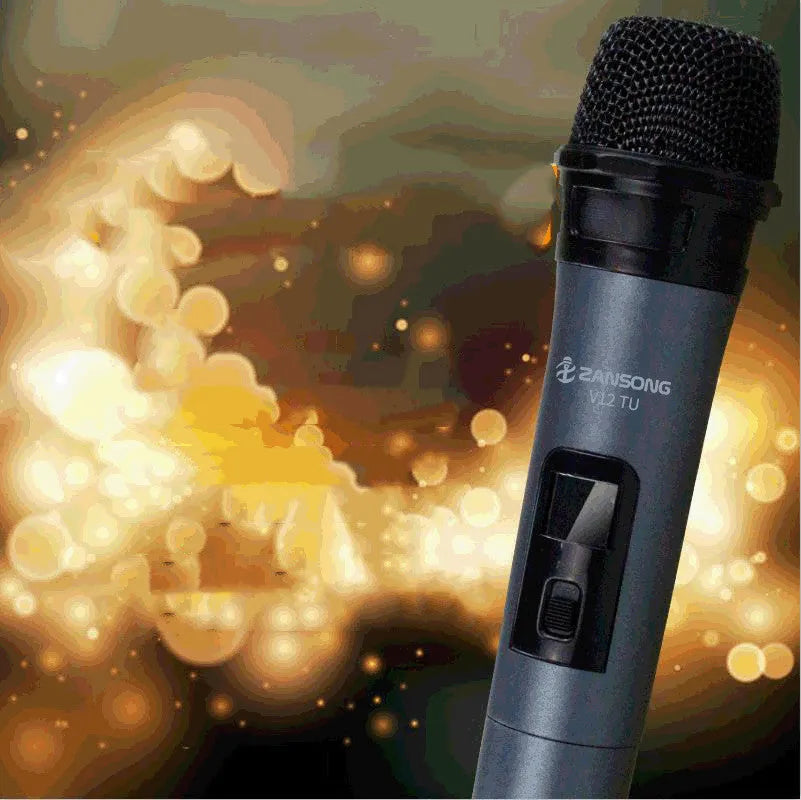 Black V12 dynamic handheld wireless microphone with USB receiver and audio cable.