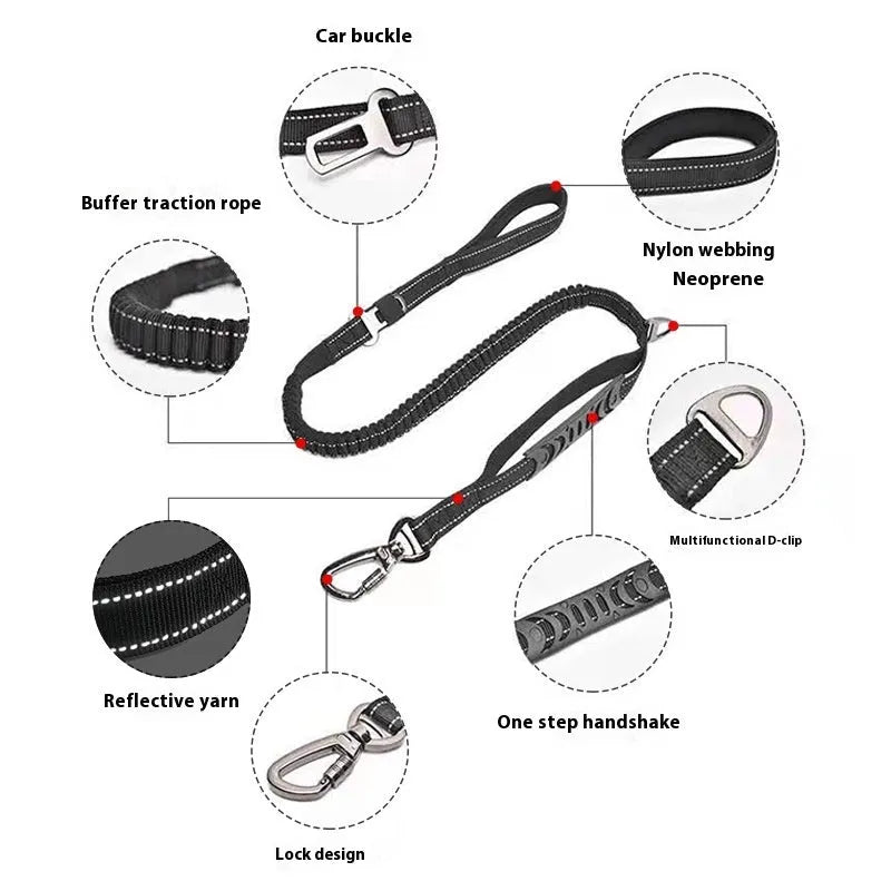 Retractable reflective dog leash with rope-buffered handle in black, orange and khaki colour options