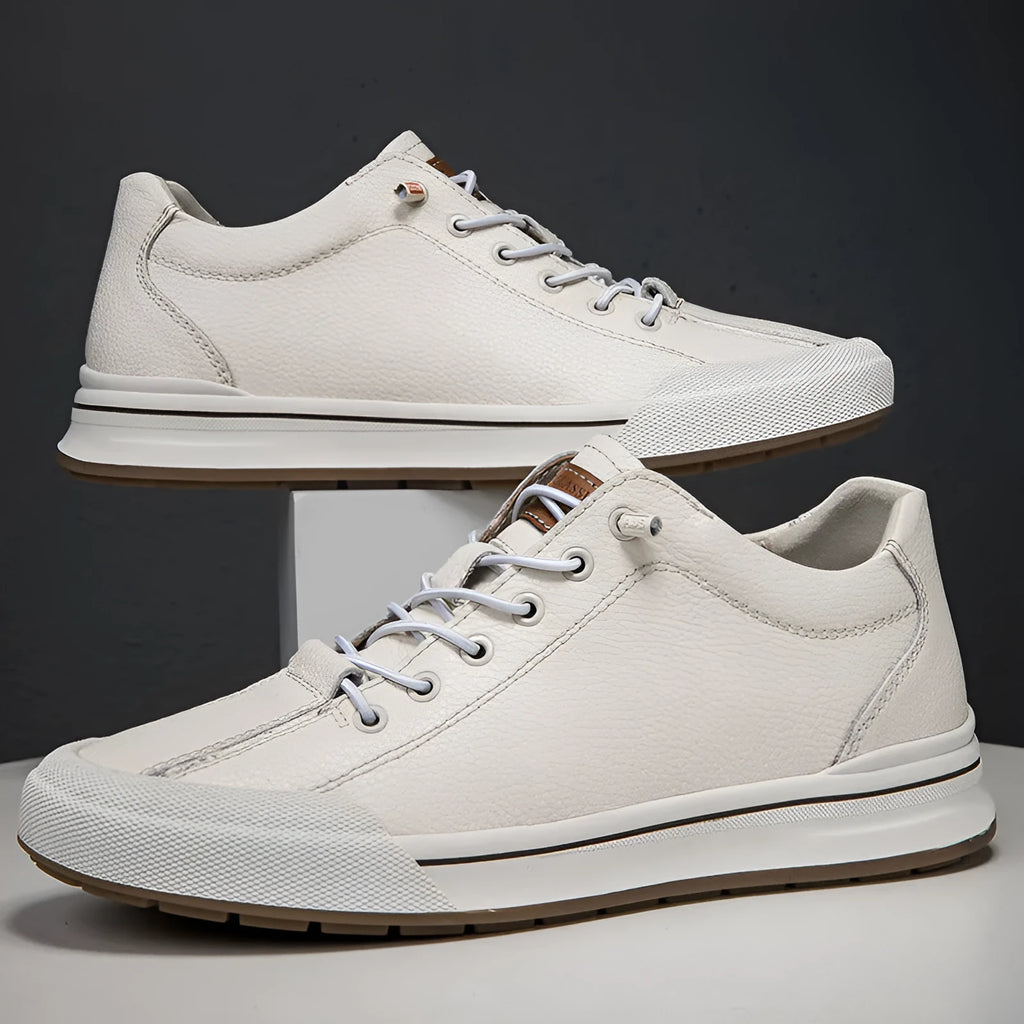 Men's white breathable canvas shoes with round toe and matte leather flat sole