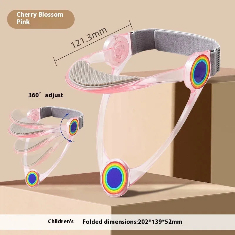 Adjustable neck support brace for adults and children in blue, pink, and transparent colours