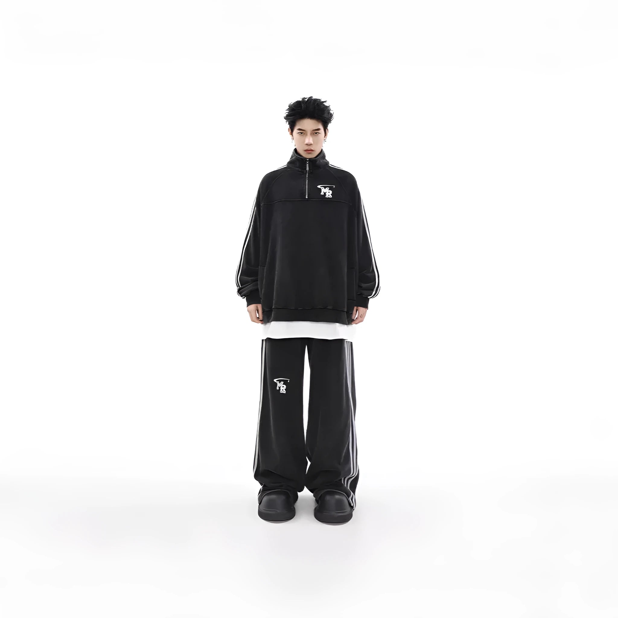 Black American retro style polyester couple's sports hoodie with stand collar and long sleeves.