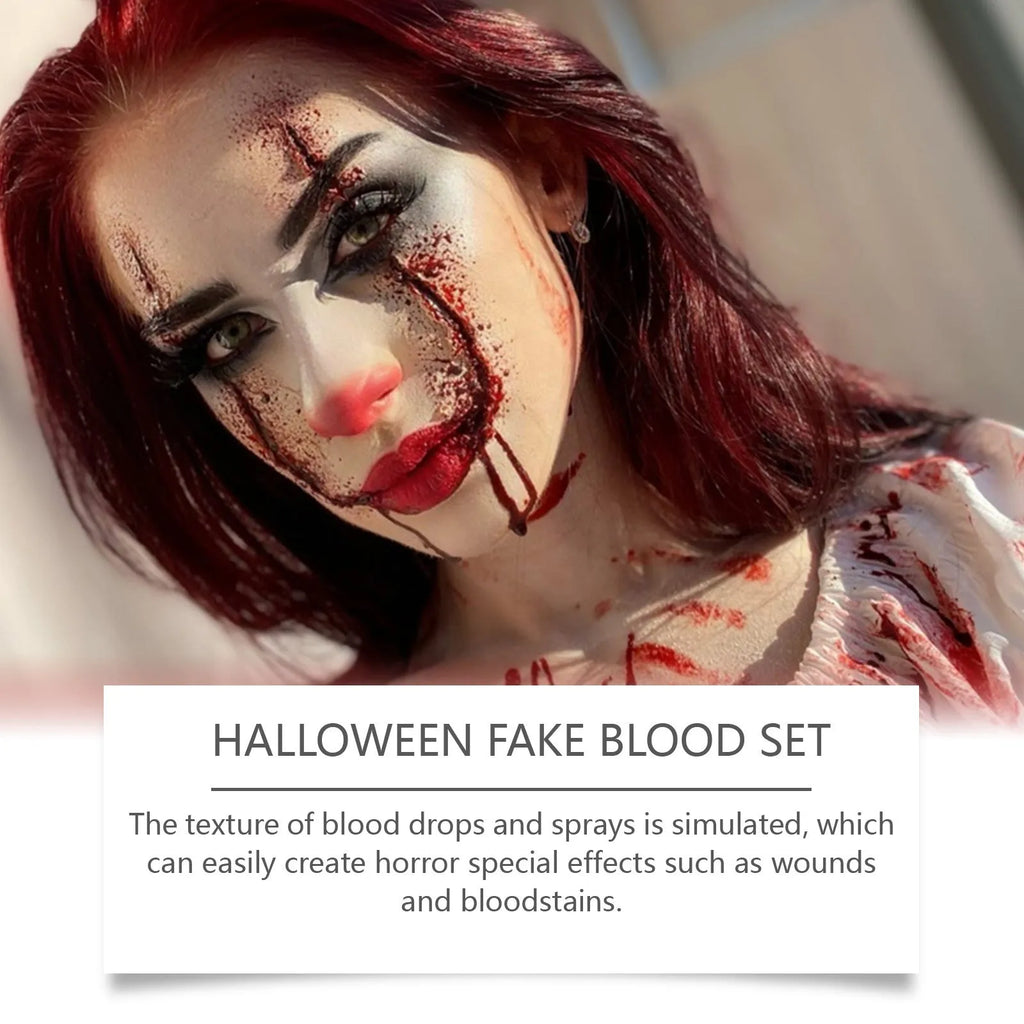 3-piece washable simulation fake blood set with plasma drops, spray, and facial soap for horror makeup effects