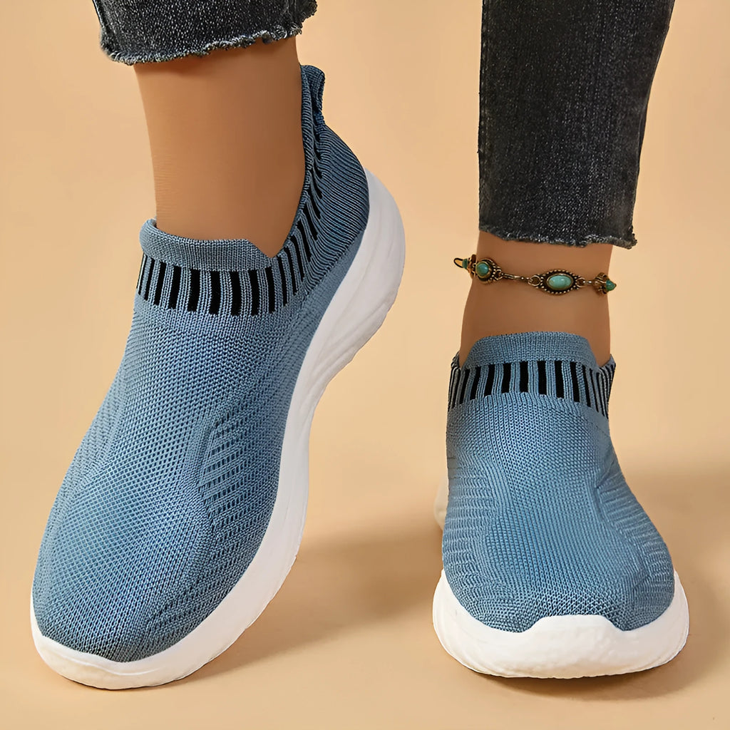 Striped flat sneakers women lightweight breathable sock flats slip on shoes black colour