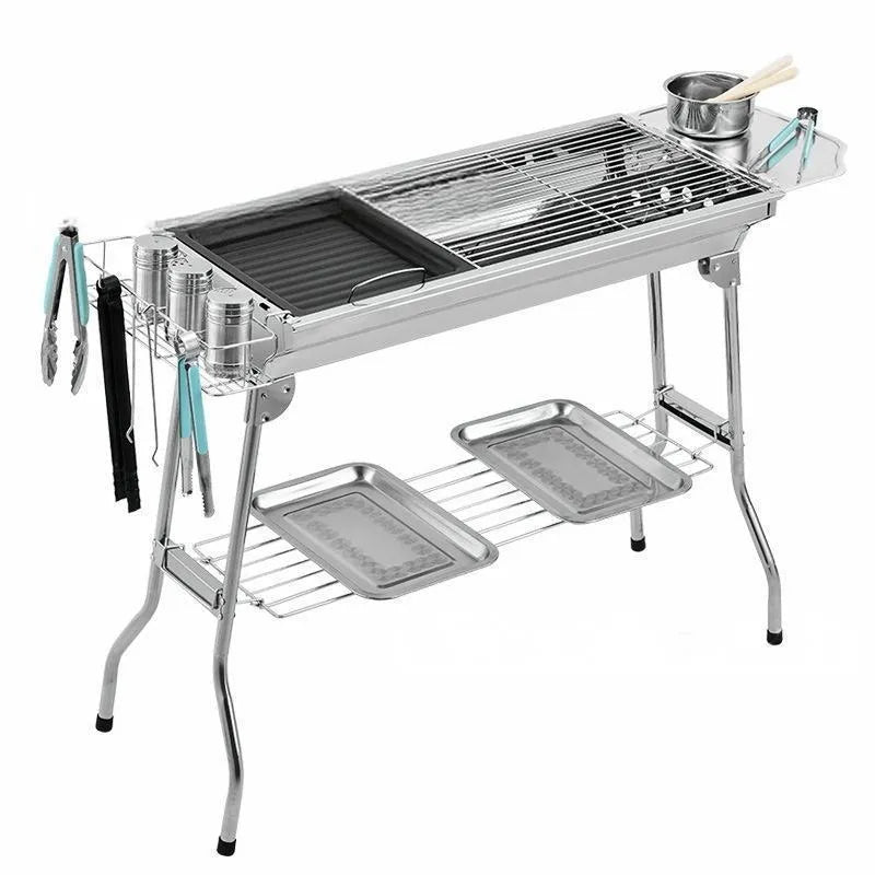 Large stainless steel flip charcoal barbecue oven with checked iron grills