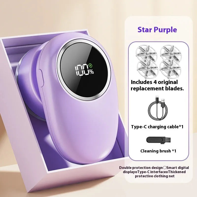 Purple and beige digital display fur ball trimmer with multiple cutter head options