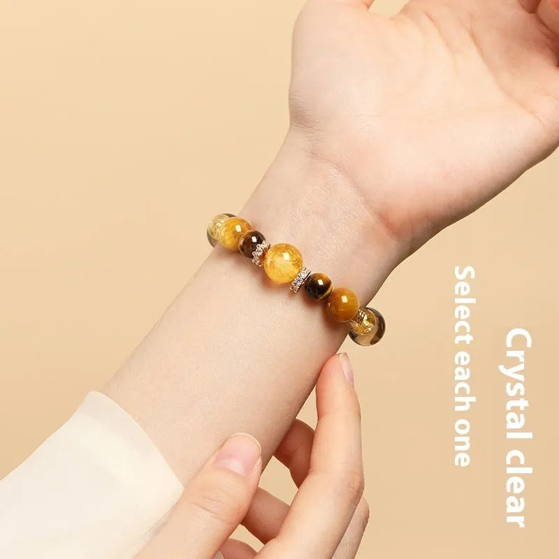 Yellow tower crystal tiger-eye bracelet with jinba geometric design in 10mm or 12mm size