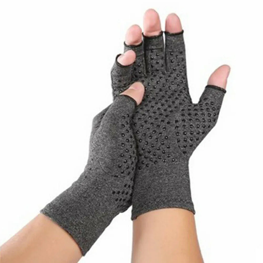 Grey half-finger compression gloves with anti-slip grip on fingertips.