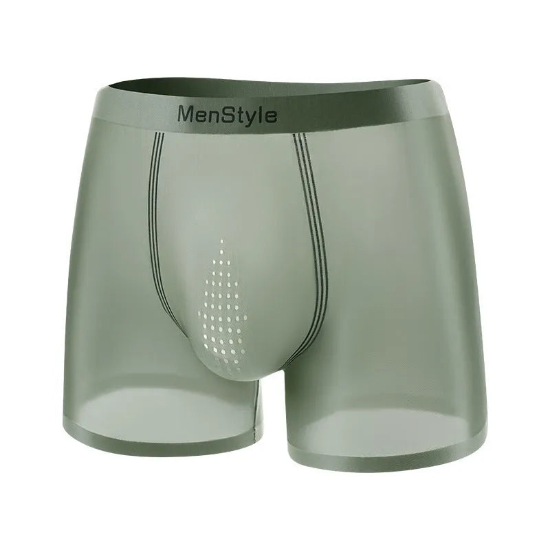 Men's seamless satin ice silk boxers in dark grey showing mid waist and single-layer crotch design