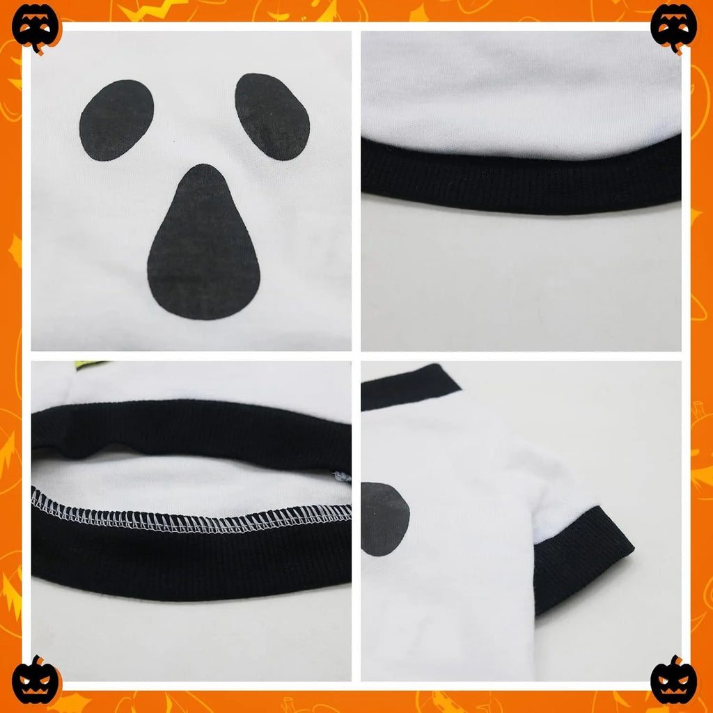 Orange dog sweatshirt with black skeleton print on a small dog, showing ribbed collar and cuffs.