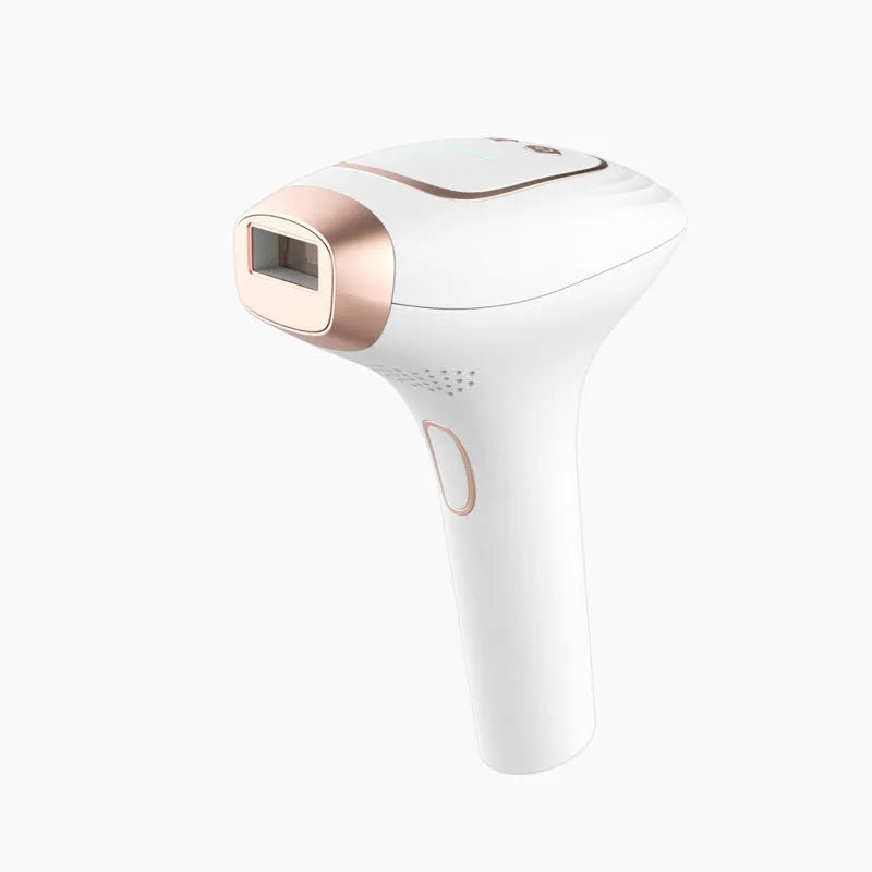 Pink and white three-in-one ice-sensing laser hair removal device with shaver attachment and safety glasses
