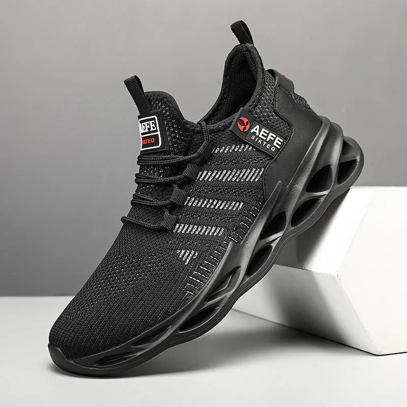 Men's black mesh casual running shoes with cross strap detailing and round toe, shown on a plain background.