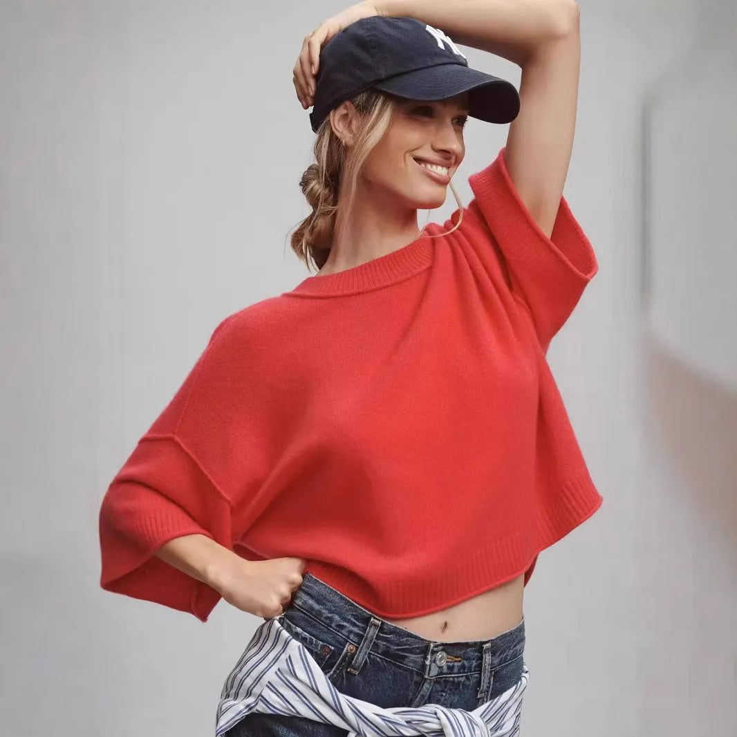 Red hot girl style cropped viscose t-shirt with exposed navel design on a mannequin