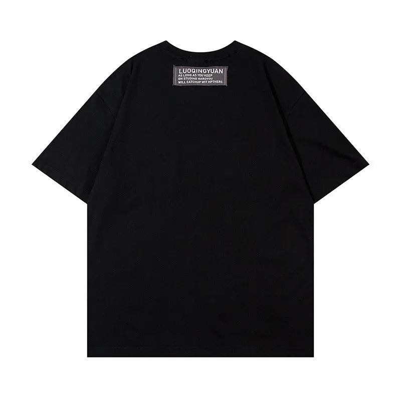 Men's letter affixed cloth embroidered printed short sleeve pure cotton t-shirt in white and black, front view, sizes M to XXL
