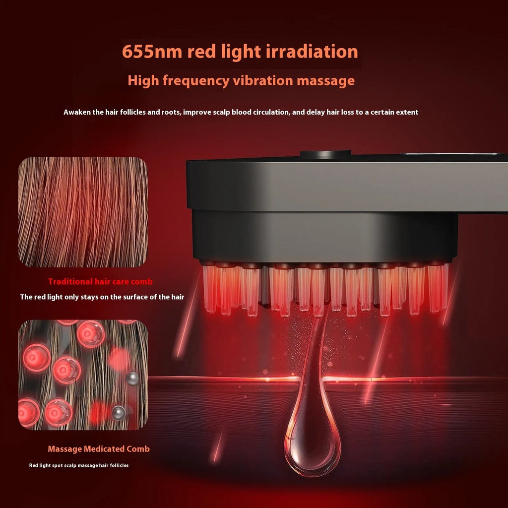 Pink and black smart massage comb with red light therapy for hair care