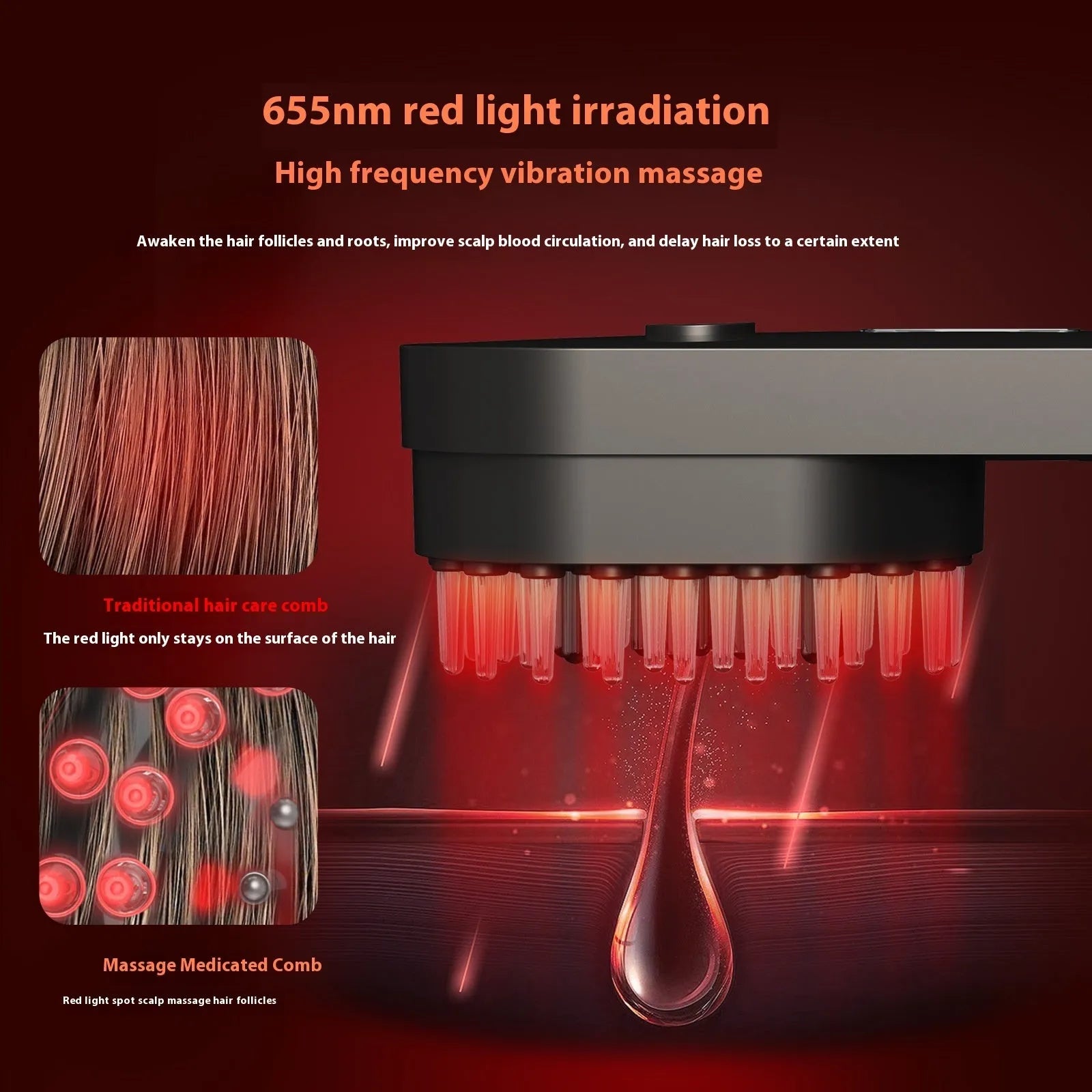 Pink and black smart massage comb with red light therapy for hair care