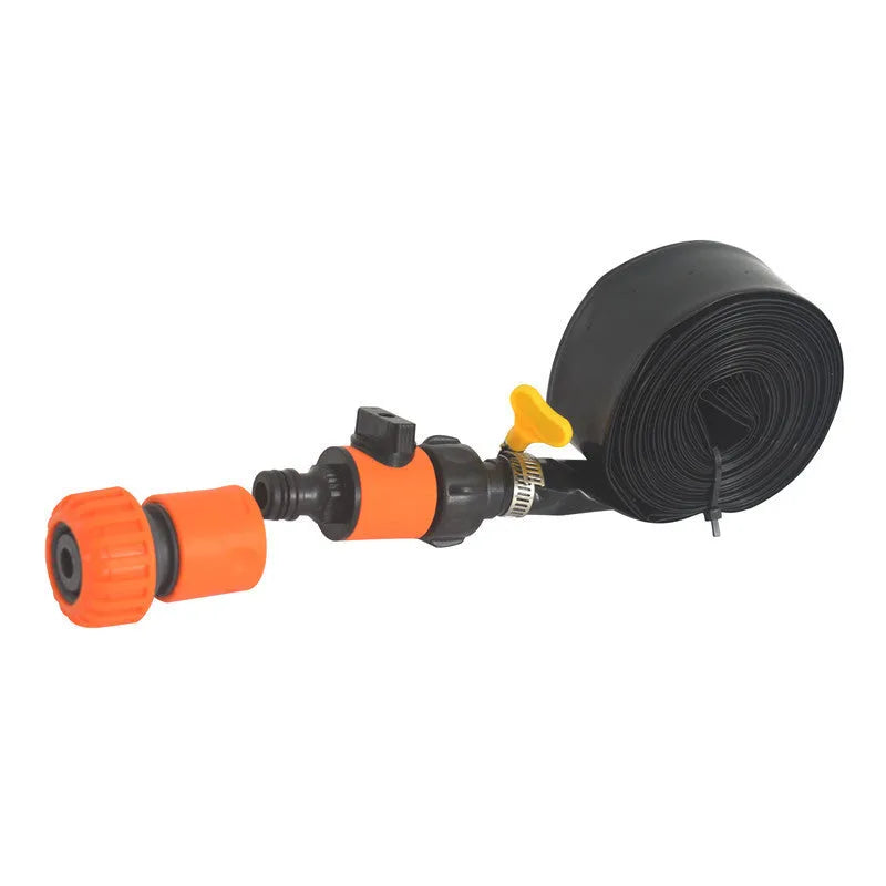 Blue portable garden sprinkler with solar panel and PVC hose on grass.