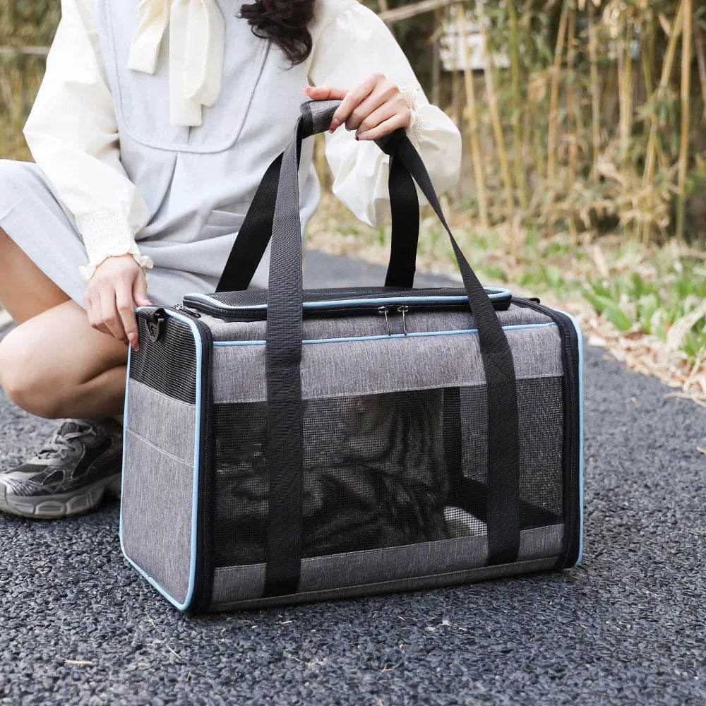 Oxford fabric pet carrier bag for dogs and cats, shown in grey with blue edge trim.
