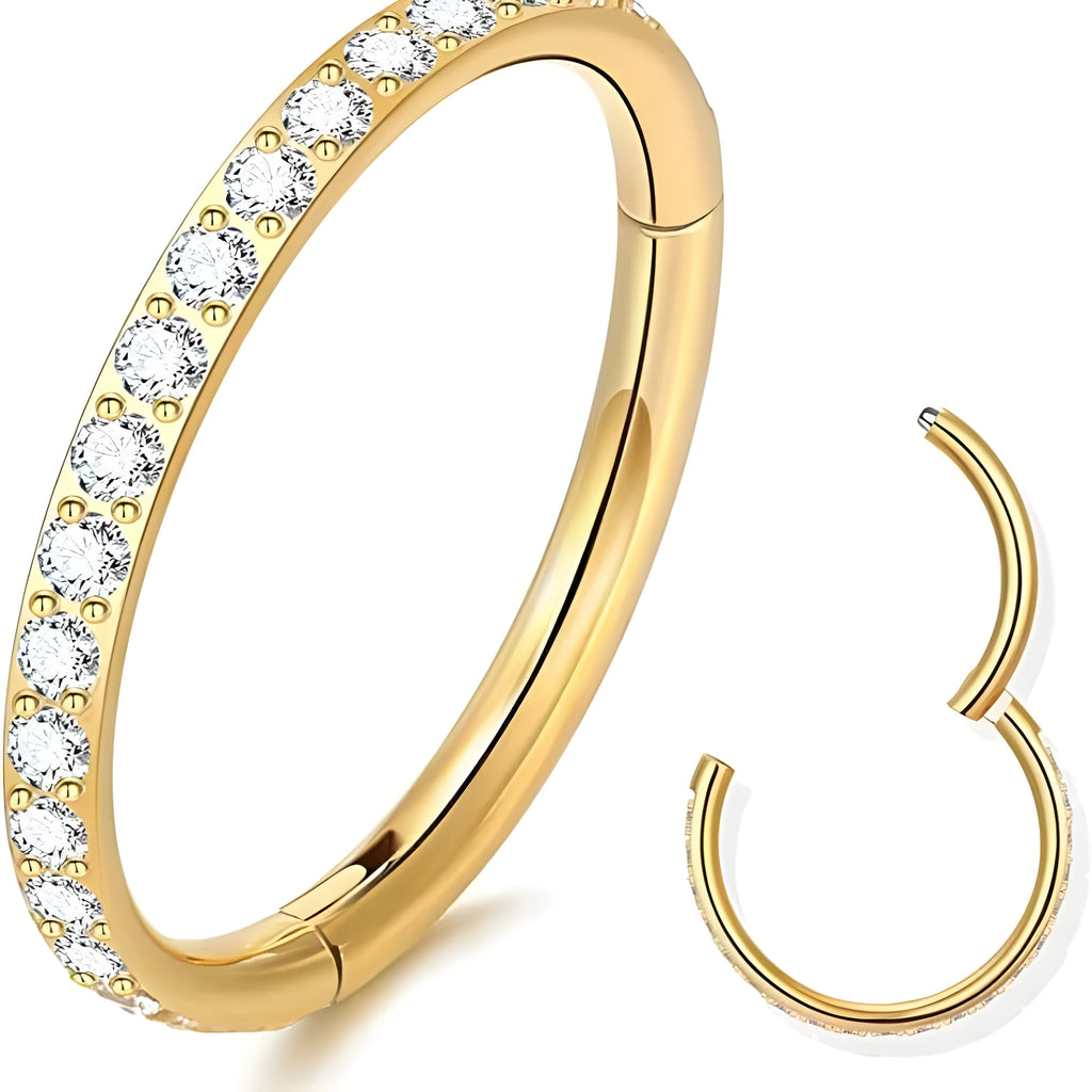 Seamless stainless steel nose ring with a central diamond decoration, shown in gold and rose gold finishes.