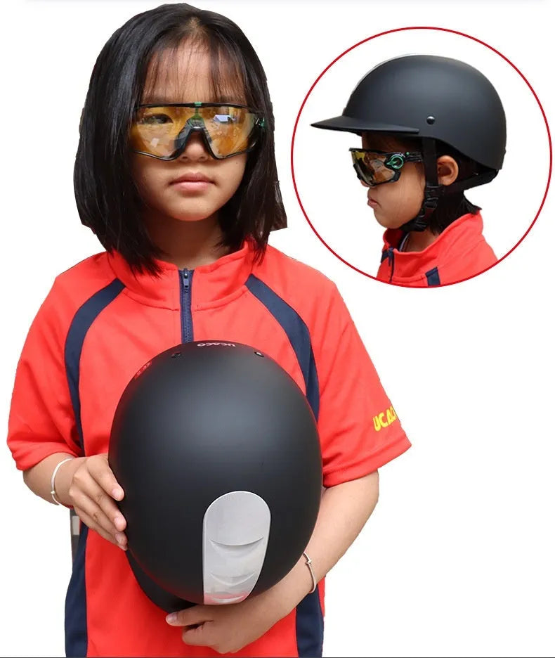 Lightweight ABS EPS equestrian helmet in bright black colour showing sizing options for horse riding