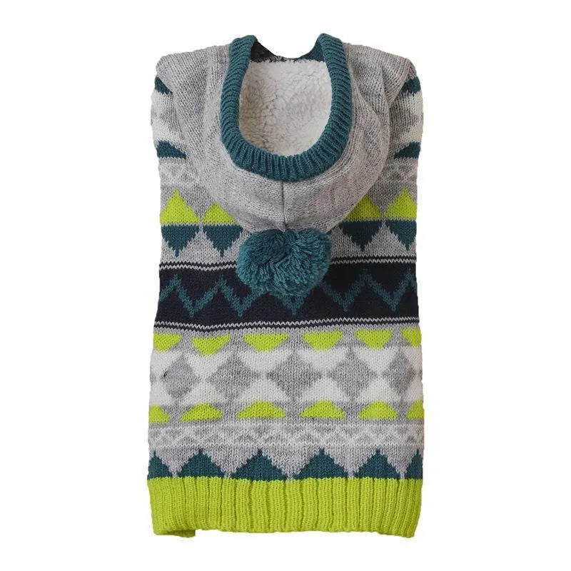 Diamond pattern pet sweater for dogs in blue, green, or pink acrylic knit