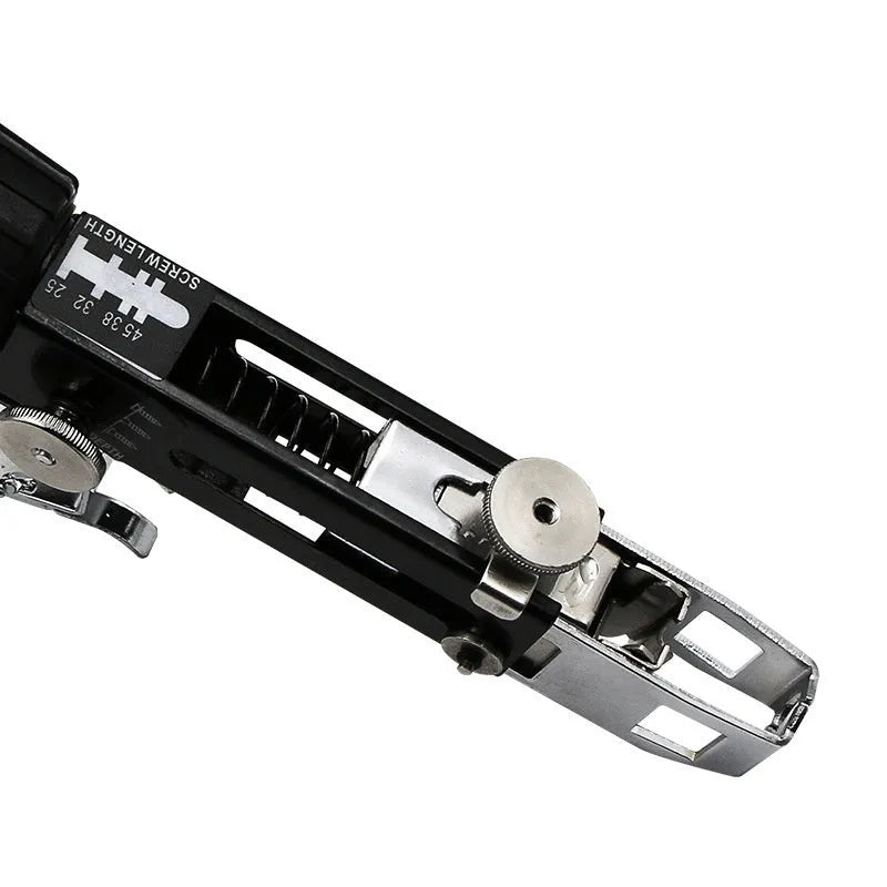 Chain screw gun head automatic nail gun attachment with chain band and cross head on a gun rack.