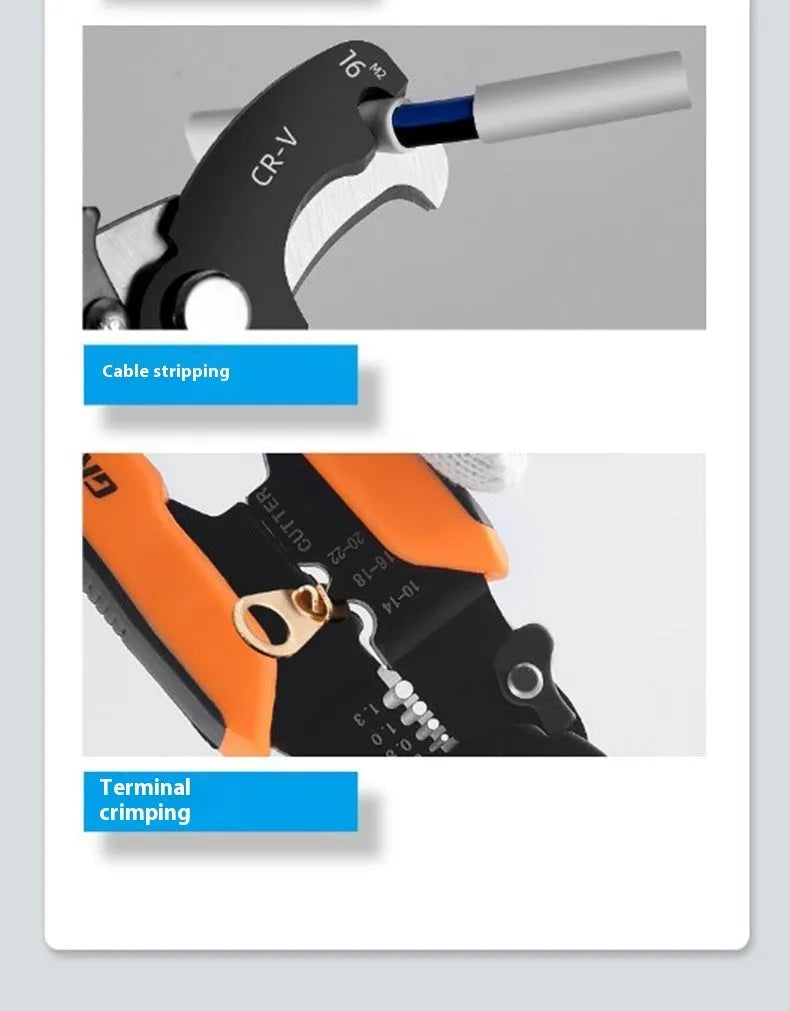 Fully automatic wire stripping pliers tool with high carbon steel blades.