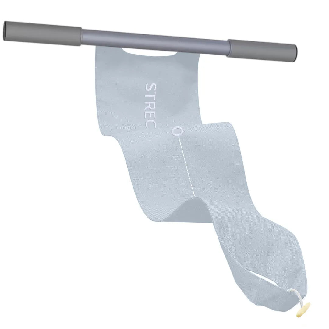 Grey and pink yoga stretching tool with iron frame and rubber grips for shoulder and back flexibility.