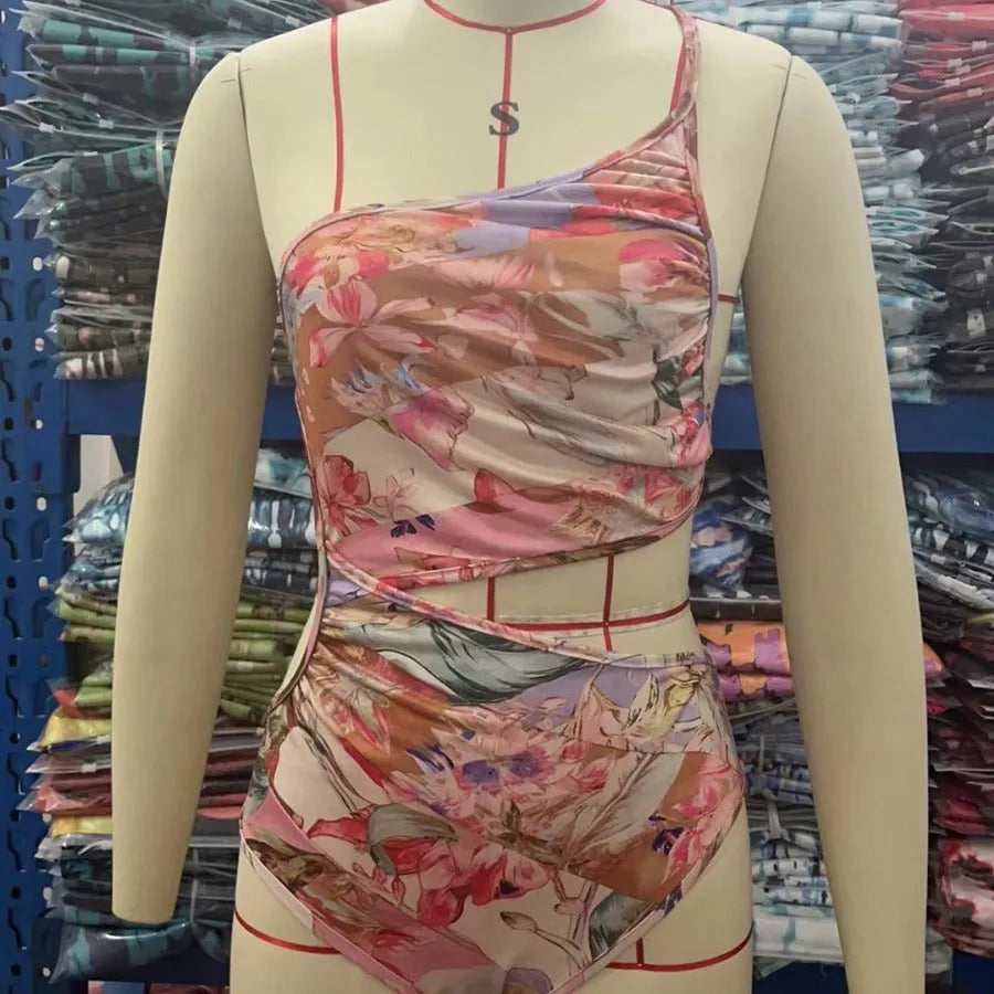 Women's patterned rose gold one-piece swimsuit with summer swimwear design