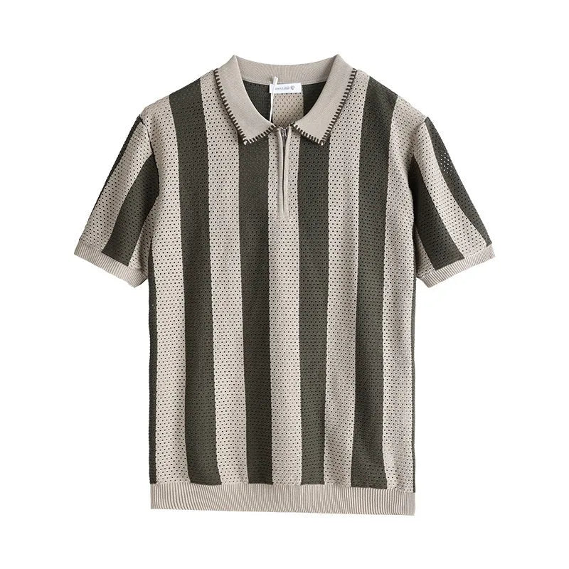 Man modelling a black and white striped short sleeve viscose sweater with a small front zipper detail.