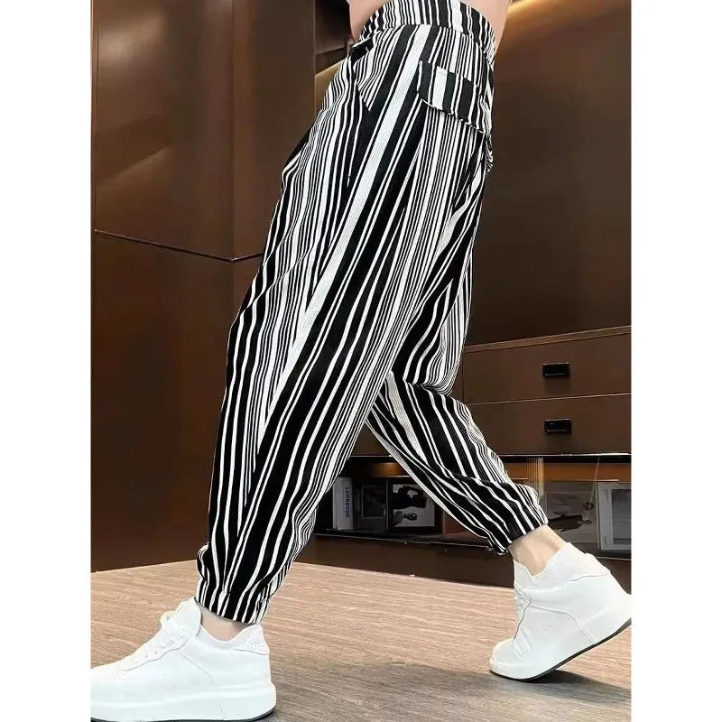 Men's striped cropped pants with ankle ties in ice silk fabric