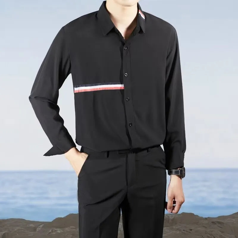 Hong Kong style loose-fit cotton blend cardigan shirt in light blue, showing non-ironing casual design.