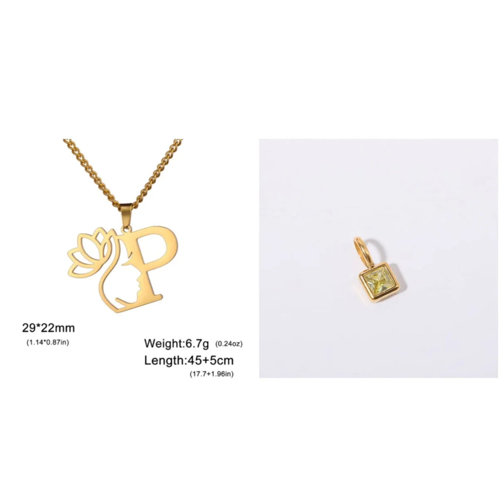 Gold electroplated stainless steel necklace with a cross chain and a letter 'A' pendant on a white background.