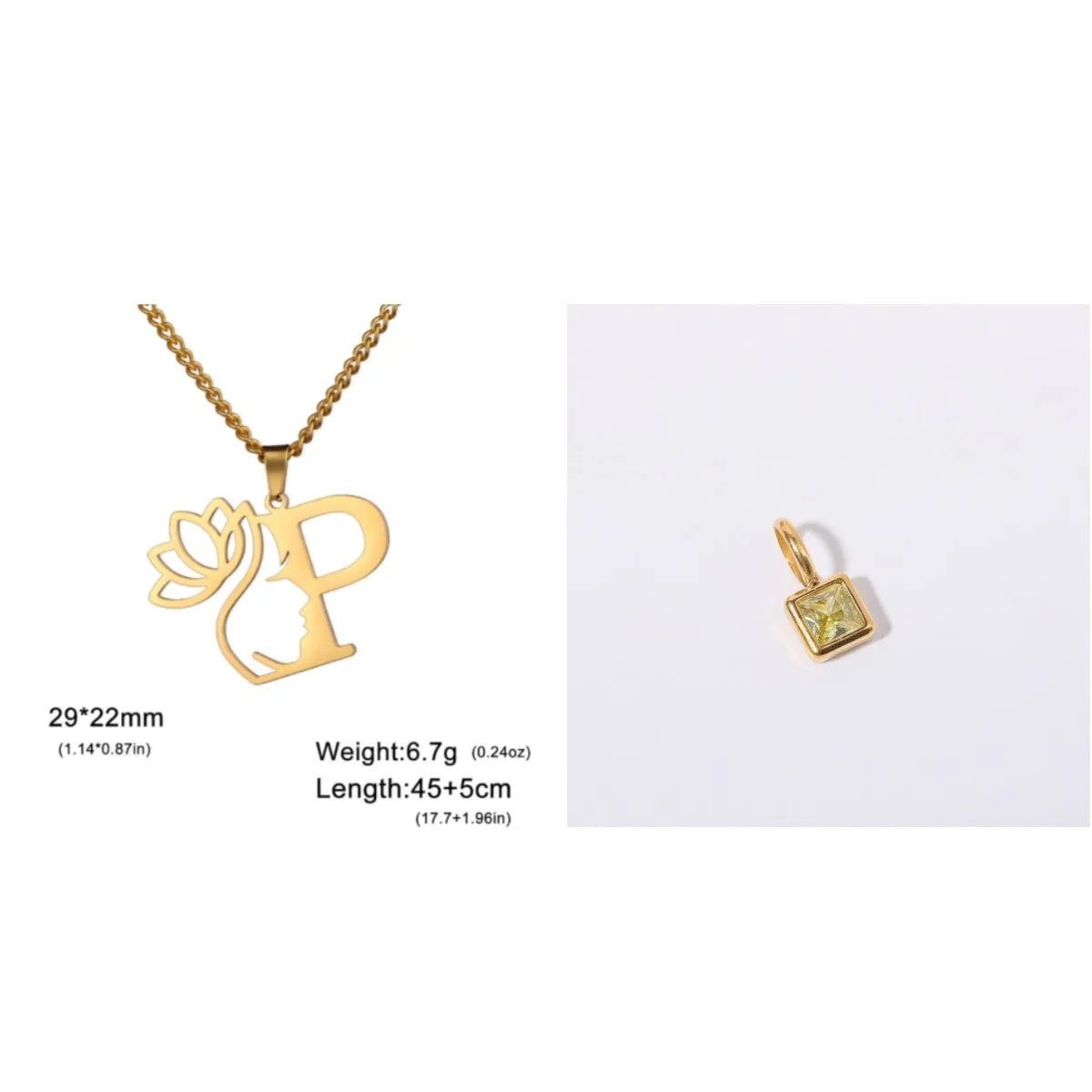 Gold electroplated stainless steel necklace with a cross chain and a letter 'A' pendant on a white background.