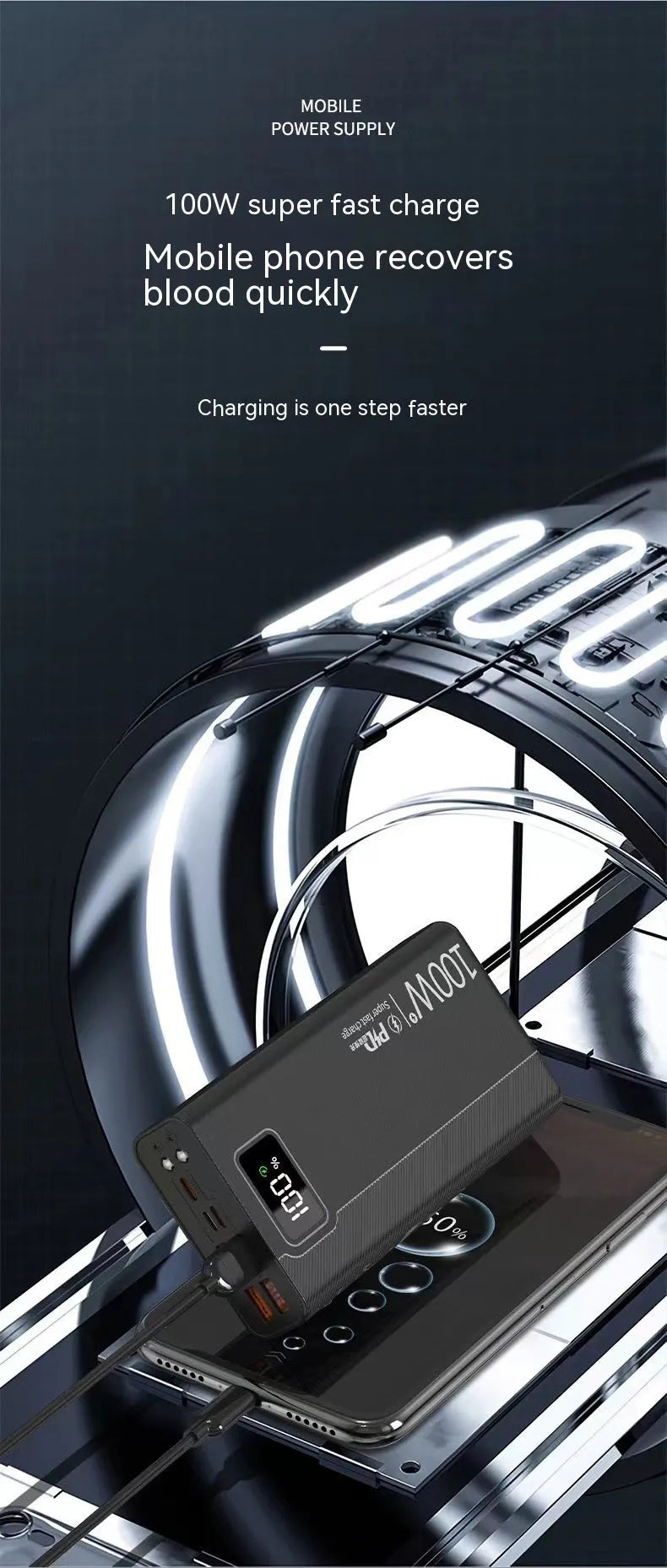 Large capacity power bank in black or white with fast charging support, multiple capacity options