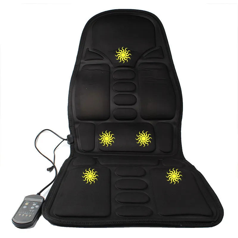 Black heating massage mat with infrared physiotherapy function and adjustable speed control on seat cushion