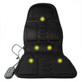 Black heating massage mat with infrared physiotherapy function and adjustable speed control on seat cushion