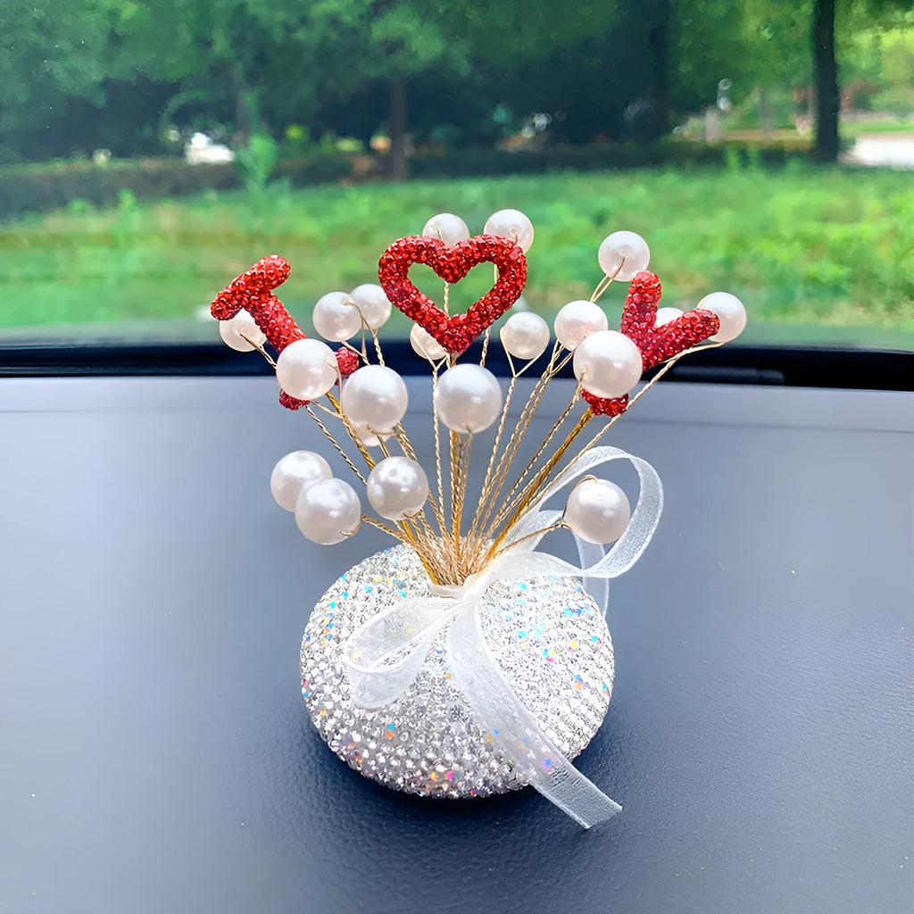 Clay star-shaped car decoration ornament for centre console in red with love heart pattern.