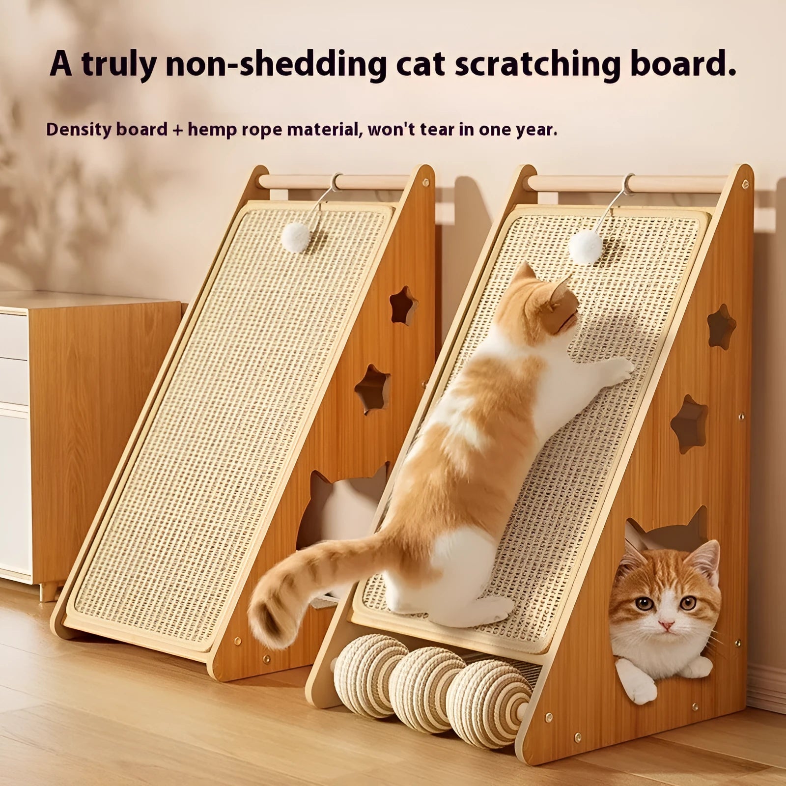 Vertical wall-mounted cat scratch board with sisal fabric and a hanging hemp rope teasing ball.