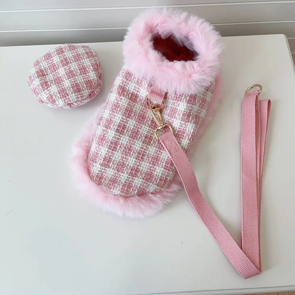 Pink cat costume set with cape featuring hand-holding rope and beret accessory