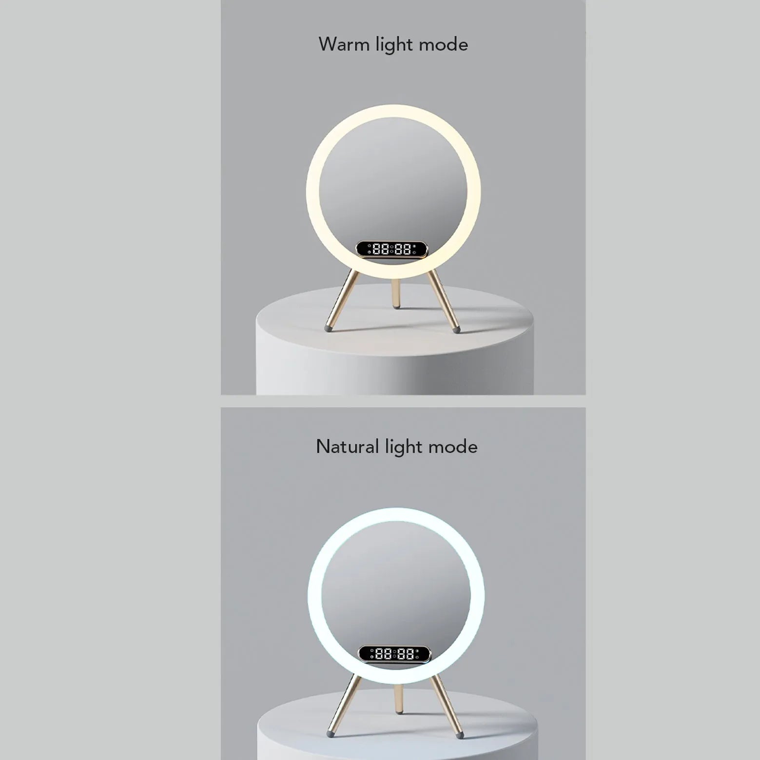 White multi-function LED mirror alarm clock with wireless charger and Bluetooth speaker on a table